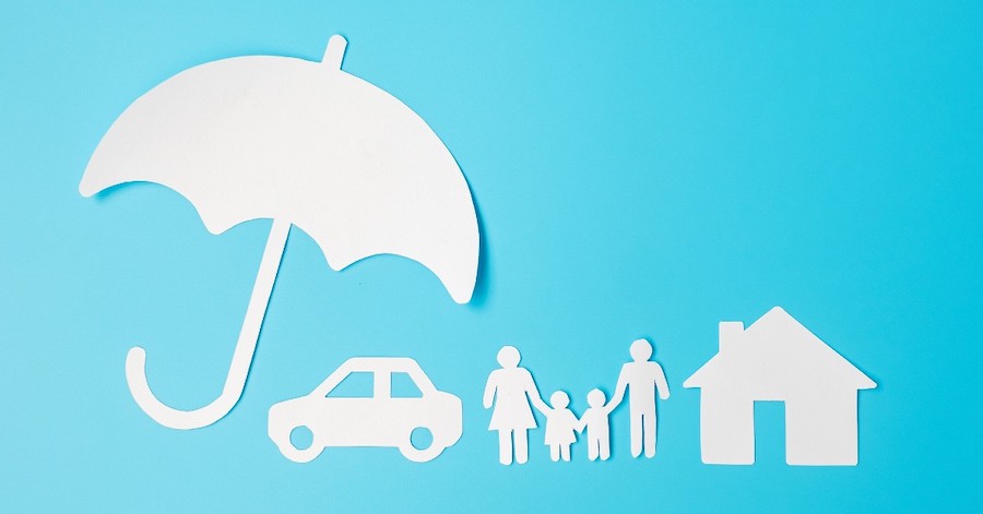 illustration of family with umbrella and a home and car
